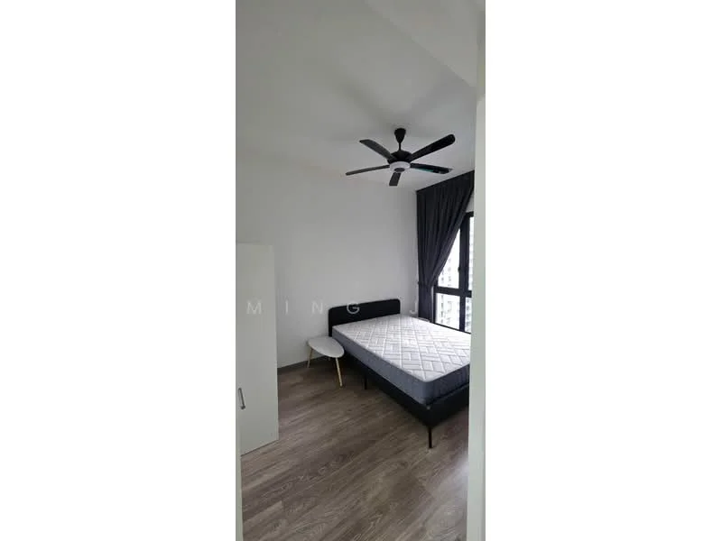 Bedroom features: queen-size bed, black upholstered bed frame, white mattress, 5-blade ceiling fan, grey curtains, floor-to-ceiling windows, light wood flooring, white painted walls, white wardrobe, side table with round top; style: modern.