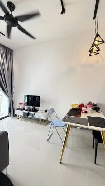 Living features: white painted walls, glossy tile flooring, 5-blade ceiling fan, pendant light fixture, floor-to-ceiling windows, grey curtains, TV console, dining table with gold legs, plastic folding chair, decorative items on table; style: modern.
