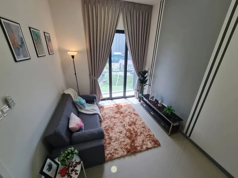 Living features: grey fabric sofa, area rug with geometric pattern, floor-to-ceiling windows, curtains, wall-mounted TV, TV console, decorative plants, framed artwork, laminate flooring, recessed downlights; style: modern; view: city.