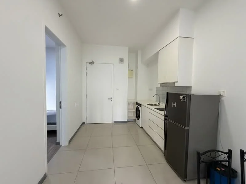 Kitchen features: white cabinetry, grey tiled backsplash, stainless-steel fridge, built-in washing machine, single-bowl stainless-steel sink, chrome pull-down faucet, grey ceramic tile flooring, recessed downlights; style: modern. Room features: white painted walls, door leading to hallway, door leading to bedroom.