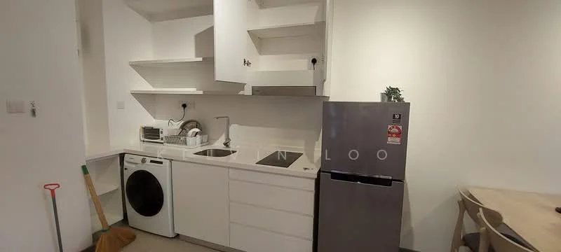 Kitchen features: white cabinetry, built-in oven, stainless-steel fridge, single-bowl stainless-steel sink, chrome pull-down faucet, ceramic tile backsplash, countertop with storage, front-load washing machine, open shelving, kitchen utensils visible, neutral wall color, light-colored flooring; style: modern.