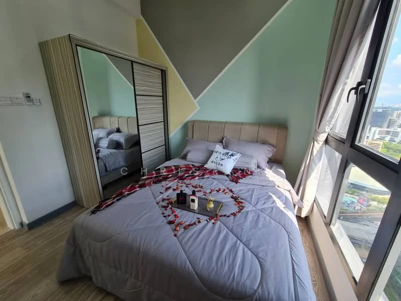 Bedroom features: king-size bed with upholstered headboard, grey bedding, decorative throw pillows, wooden flooring, floor-to-ceiling windows, sliding mirror wardrobe, wall-mounted decor, decorative heart arrangement on bed; style: modern; view: city.