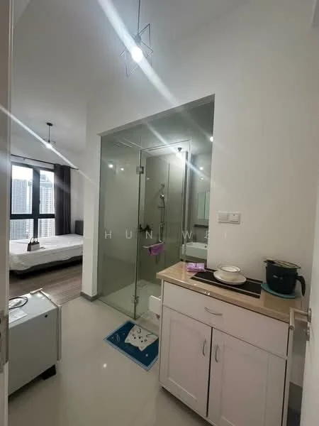 Room features: white painted walls, grey tiled flooring, glass shower enclosure, single-bowl sink, white cabinetry, countertop, recessed downlights, pendant light, floor-to-ceiling windows, view of city skyline; style: modern; view: city.