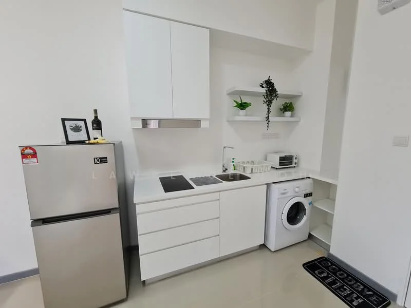 Kitchen features: white cabinetry, stainless-steel fridge, built-in oven, ceramic cooktop, single-bowl stainless-steel sink, chrome pull-down faucet, microwave, washing machine, open shelving, light-colored wall tiles, polished floor tiles, decorative plants on shelves; style: modern.