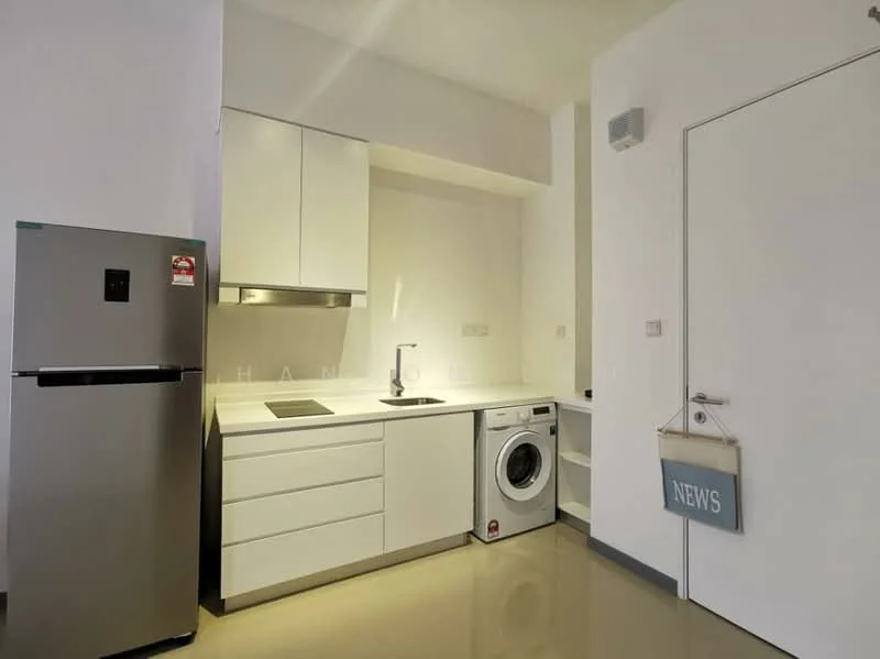 Kitchen features: white cabinetry, stainless-steel fridge, single-bowl stainless-steel sink, chrome pull-down faucet, built-in oven, ceramic cooktop, front-load washing machine, white walls, polished concrete flooring, recessed downlights; style: modern.