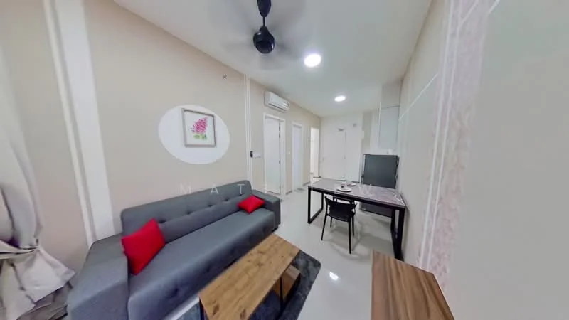 Living features: grey fabric sofa with red cushions, wooden coffee table, black dining table with chair, wall-mounted TV, white painted walls, recessed downlights, ceiling fan, laminate flooring, curtains, decorative wall art; style: modern.