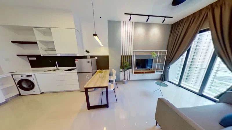 Kitchen features: white cabinetry, black countertop, stainless-steel fridge, built-in oven, 4-burner gas hob, single-bowl stainless-steel sink, chrome pull-down faucet, washing machine, open shelving; style: modern. Living features: 3-seater fabric sofa in grey, coffee table, wall-mounted TV, entertainment unit, large windows with city view, curtains, recessed downlights, area rug; style: modern; view: city. Dining features: wooden dining table, 4 upholstered dining chairs, decorative plant, pendant lighting; style: modern.