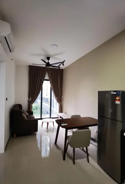 Living features: 3-seater fabric sofa in brown, wood dining table, 2 upholstered dining chairs, stainless-steel fridge, wall-mounted split AC, ceiling fan, floor-to-ceiling windows, curtains in brown, glossy tile flooring, neutral painted walls; style: modern; view: garden.