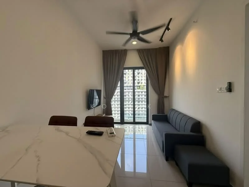 Living features: white painted walls, marble tile flooring, 5-blade ceiling fan with light, floor-to-ceiling windows, grey fabric sofa, TV mounted on wall, curtains, dining table with marble top, 4 dining chairs; style: modern; view: city.