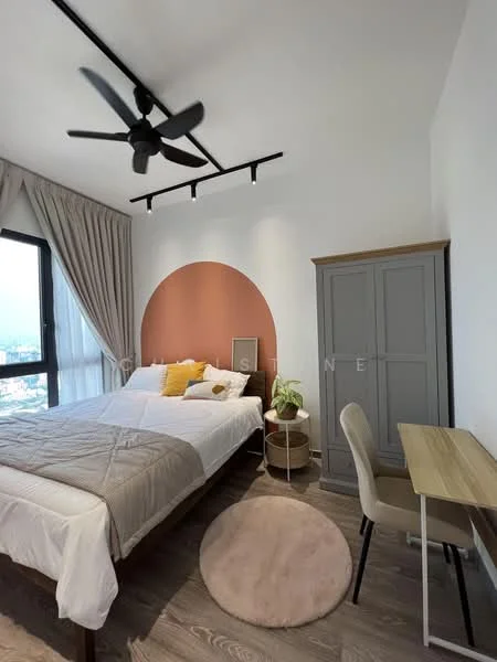 Bedroom features: king-size bed with white bedding, upholstered headboard, wooden bed frame, ceiling fan with light, floor-to-ceiling windows, curtains, grey wardrobe, wooden desk, chair, round area rug, decorative plant, accent wall with terracotta color, track lighting; style: modern; view: city.