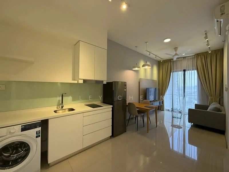 Kitchen features: white cabinetry, stainless-steel sink, chrome pull-down faucet, ceramic cooktop, built-in oven, stainless-steel fridge, washing machine, light grey backsplash, recessed downlights, marble tile flooring; style: modern; view: city. Living features: 3-seater fabric sofa in grey, wooden dining table for 4, 4 dining chairs, floor-to-ceiling windows, curtains, ceiling fan, TV console, area rug; style: modern; view: city.