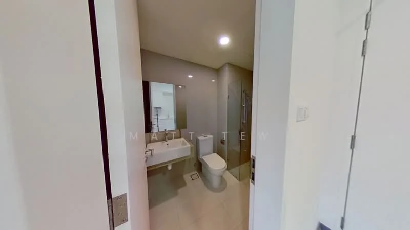 Bathroom features: white walls, light grey tiled flooring, single-sink vanity with white cabinet, chrome basin mixer faucet, framed mirror, one-piece toilet, walk-in shower with glass enclosure, recessed downlights; style: modern.
