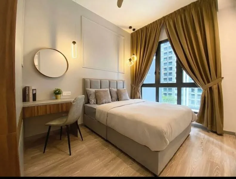 Bedroom features: king-size bed with upholstered headboard, grey bedding, wooden bedside table, round wall mirror, desk with chair, floor-to-ceiling windows, sheer curtains, dark brown curtains, wooden flooring, recessed lighting, ceiling fan; style: modern; view: city.