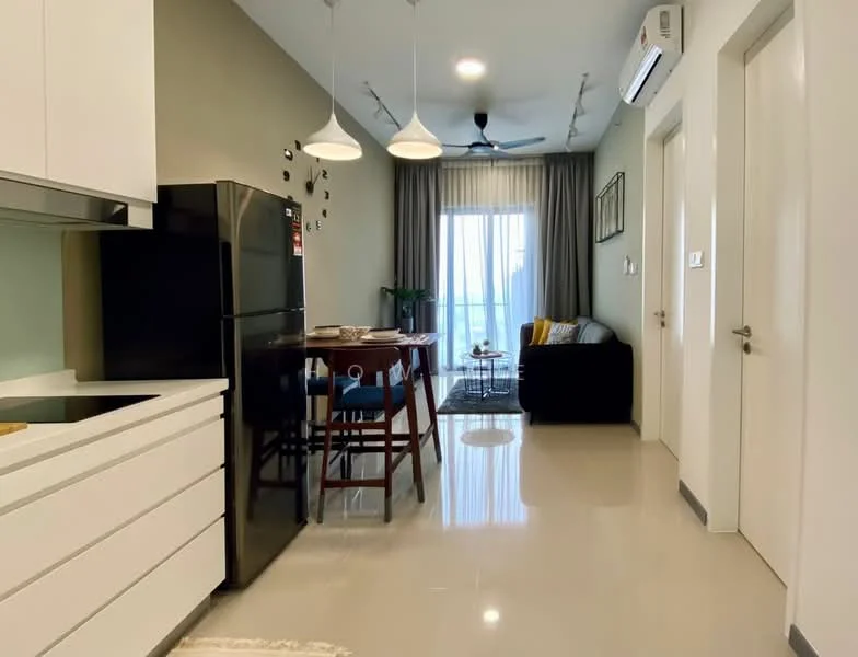 Living features: grey fabric sofa, round dining table, 4 dining chairs, black refrigerator, white kitchen cabinets, white countertop, recessed downlights, ceiling fan, floor-to-ceiling windows, curtains, area rug with geometric pattern, wall-mounted artwork; style: modern; view: city.