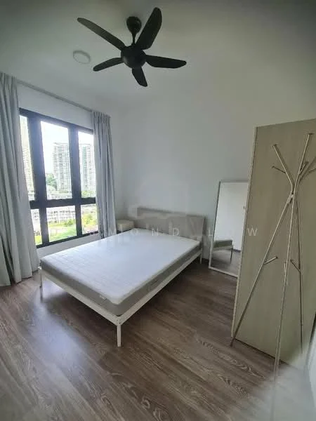 Bedroom features: queen-size bed frame without mattress, wooden flooring, 5-blade ceiling fan, floor-to-ceiling windows, sheer curtains, light grey walls, mirror, light wood wardrobe, decorative coat rack, natural light from window, view of city skyline; style: modern; view: city.