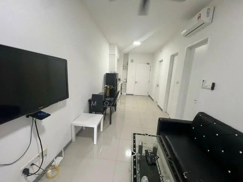 Living features: black leather sofa, glass coffee table, wall-mounted TV, white painted walls, tile flooring, recessed downlights, ceiling fan, air conditioning unit, black side table, kitchenette area visible, white door, white cabinetry; style: modern.