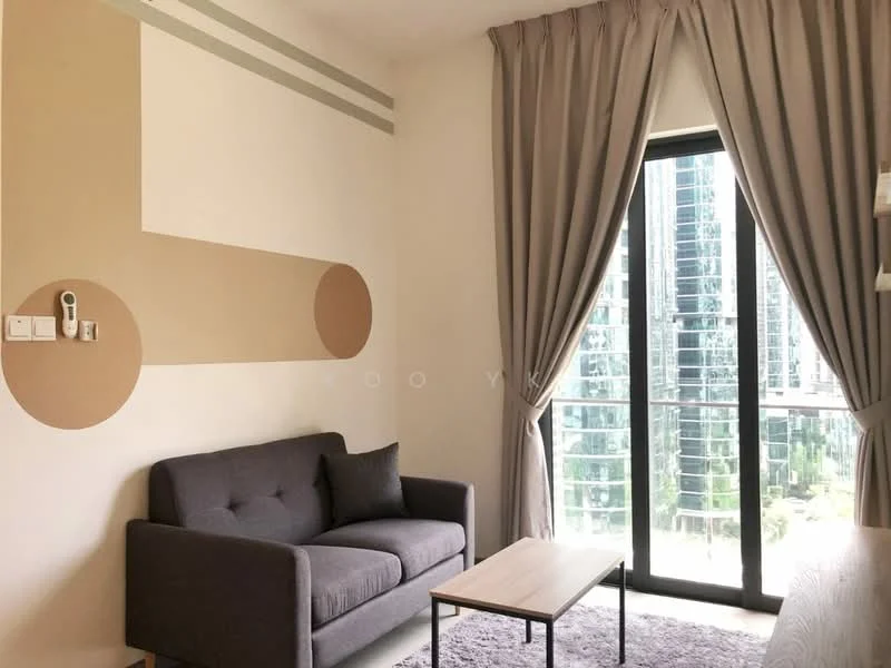 Living features: grey fabric 2-seater sofa, wooden coffee table, light grey area rug, floor-to-ceiling windows, sheer curtains, decorative wall with beige accent, wall-mounted intercom, built-in shelving unit; style: modern; view: garden.