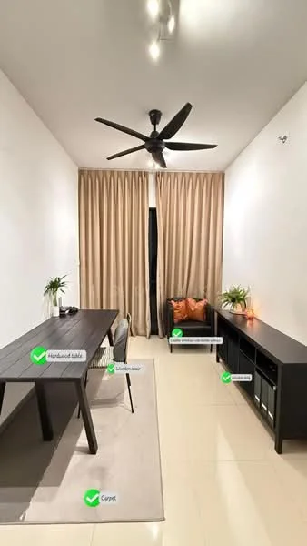 Study features: wooden table, upholstered chair, carpet flooring, ceiling fan, curtains, shelf unit, decorative plants, wall-mounted light; style: modern.