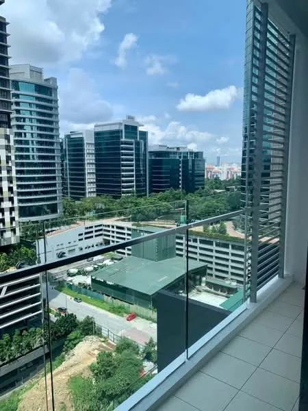 Room features: floor-to-ceiling windows, glass balcony railing, white tiled flooring, city skyline view, blinds on windows, outdoor space, green landscaping visible, surrounding high-rise buildings; style: modern; view: city.