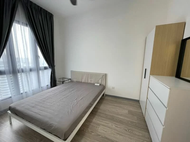 Bedroom features: queen-size bed with grey bedding, white bed frame, wooden flooring, floor-to-ceiling windows, blackout curtains, nightstand with glass top, white dresser with multiple drawers, mirror on dresser, ceiling fan; style: modern.