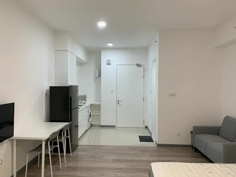 Living features: white painted walls, light-colored flooring, sofa in grey, dining table with 4 chairs, wall-mounted TV, refrigerator in black, built-in kitchen cabinets in white, stainless-steel sink, built-in oven, washing machine, door leading to hallway, ceiling lights; style: modern.