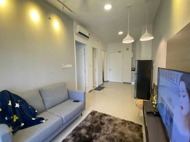 Living features: grey fabric sofa, area rug with geometric pattern, wall-mounted TV, black fridge, recessed LED downlights, 2 pendant lamps, cream painted walls, glossy tile flooring, air conditioning unit, decorative wall art; style: modern.