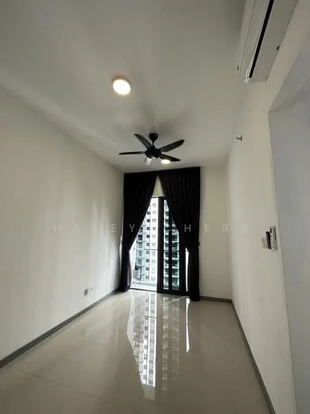 Room features: white painted walls, polished tile flooring, 5-blade ceiling fan with light, floor-to-ceiling sliding glass door, blackout curtains, air conditioning unit, wall-mounted intercom, natural light from window; style: modern; view: city.