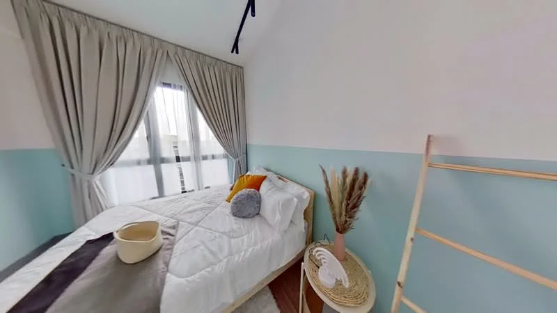 Bedroom features: queen-size bed with white bedding, decorative pillows in orange and grey, light blue painted walls, white painted walls, floor-to-ceiling window with sheer curtains, wooden ladder shelf, decorative vase with pampas grass, round decorative tray, area rug, wooden flooring; style: modern; view: city.
