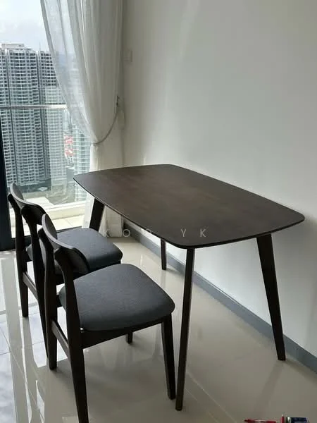 Dining features: rectangular wooden dining table, three wooden dining chairs with grey upholstery, floor-to-ceiling windows, curtains, glossy tiled flooring, city view visible through windows, neutral painted walls; style: modern; view: city.