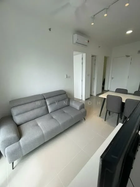 Living features: 3-seater fabric sofa in grey, wall-mounted TV, dining table with 4 chairs, white painted walls, tile flooring, ceiling fan, 1 wall-mounted split AC, recessed LED downlights; style: modern.