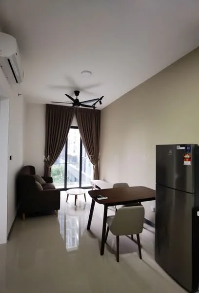 Living features: 3-seater fabric sofa in brown, ceiling fan with light, floor-to-ceiling windows, curtains in brown, dining table with 4 chairs, refrigerator in stainless steel, polished tile flooring, neutral painted walls; style: modern; view: garden.