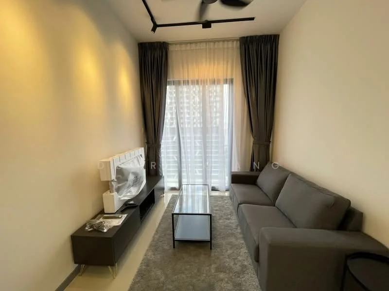 Living features: grey fabric sofa, glass coffee table, TV console, floor-to-ceiling windows, sheer curtains, blackout curtains, recessed downlights, ceiling fan, light grey carpet flooring, neutral painted walls; style: modern; view: city.
