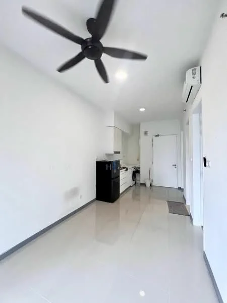 Room features: white painted walls, grey tiled flooring, 5-blade ceiling fan, wall-mounted split AC, black refrigerator, white cabinetry, kitchen countertop, door leading to hallway; style: modern.