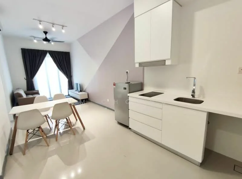 Kitchen features: white cabinetry, stainless-steel sink, chrome pull-down faucet, built-in oven, stainless-steel fridge, white countertop, recessed downlights, grey accent wall, open layout, dining table with white chairs, sofa in beige, floor-to-ceiling windows with sheer curtains; style: modern.