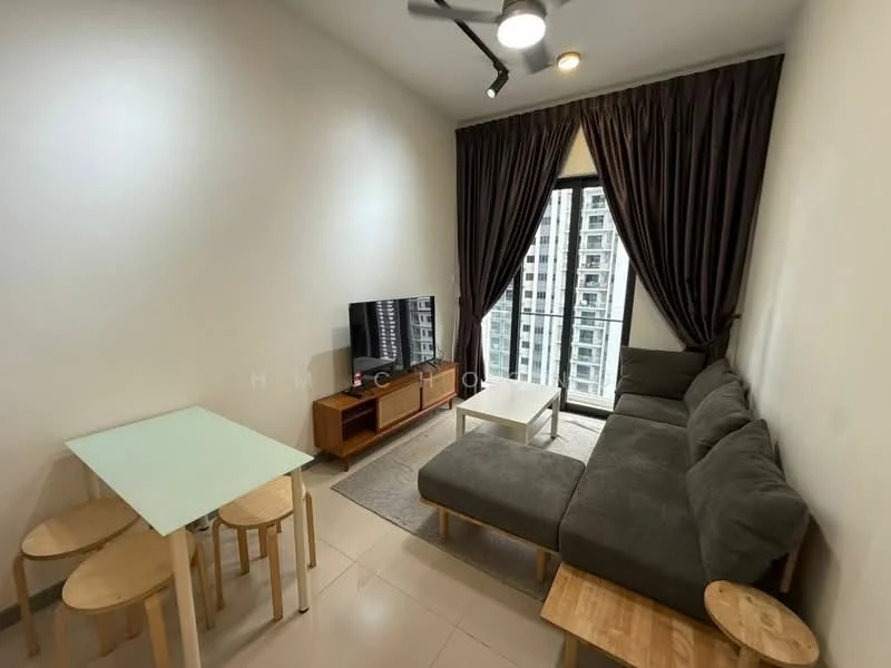 Living features: 3-seater fabric sofa in grey, coffee table, TV console, wall-mounted TV, area rug, floor-to-ceiling windows, sheer curtains, ceiling fan with light, light-coloured walls, cream tiled flooring; style: modern; view: city.