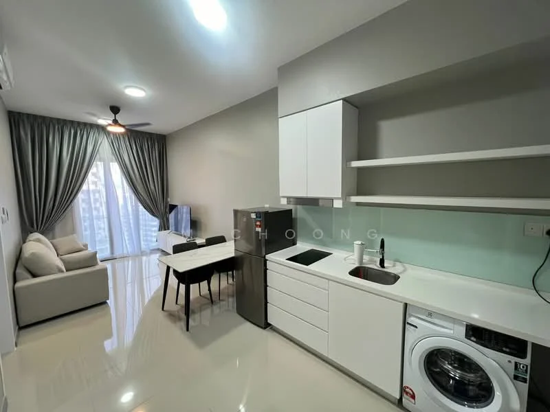 Living features: 3-seater fabric sofa in light grey, dining table for 4 with white surface, black refrigerator, built-in oven, stainless-steel sink, chrome pull-down faucet, white cabinetry, washing machine, white countertop, floor-to-ceiling windows, grey curtains, recessed downlights, 5-blade ceiling fan with light, polished tile flooring; style: modern; view: city.