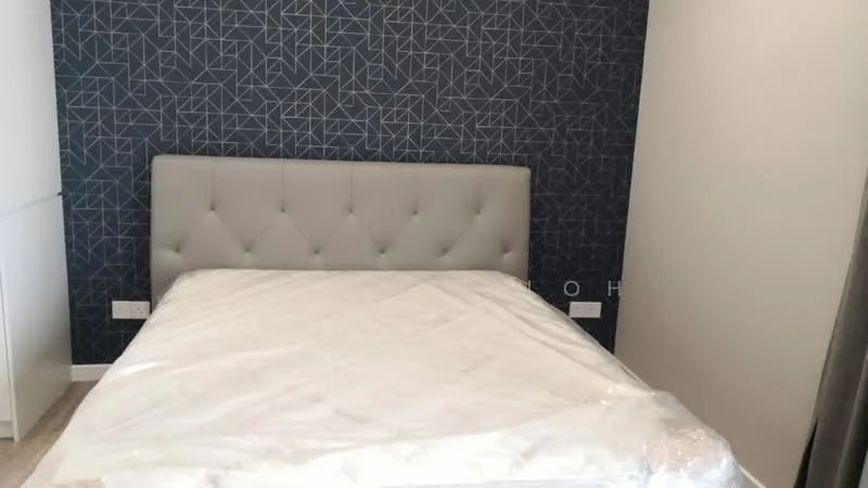 Bedroom features: queen-size bed, upholstered headboard in grey, geometric patterned accent wall in dark blue, light wood flooring, white painted walls, built-in wardrobe, bedside lamps, window with treatment; style: modern.
