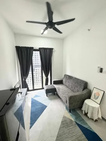 Living features: grey fabric sofa, small ottoman, black TV console, area rug with geometric pattern, floor-to-ceiling windows, blackout curtains, 5-blade ceiling fan with light, white painted walls, decorative wall art; style: modern; view: city.
