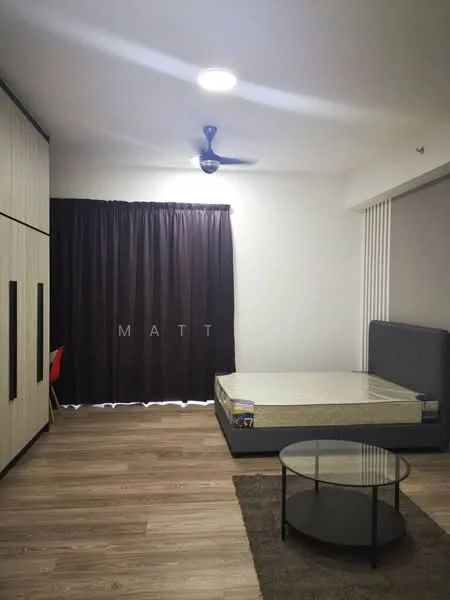 Bedroom features: wooden flooring, white painted walls, blackout curtains, 5-blade ceiling fan with light, queen-size bed frame, mattress, glass coffee table, built-in wardrobe with sliding doors, area rug; style: modern.