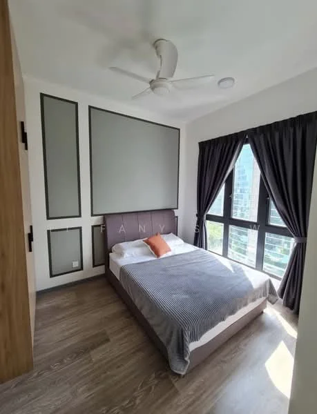 Bedroom features: king-size bed, upholstered headboard, grey striped bedding, 2 bedside pillows, 5-blade ceiling fan, floor-to-ceiling windows, blackout curtains, wooden flooring, accent wall with geometric design, decorative orange cushion, built-in wardrobe, natural light from windows; style: modern; view: city.