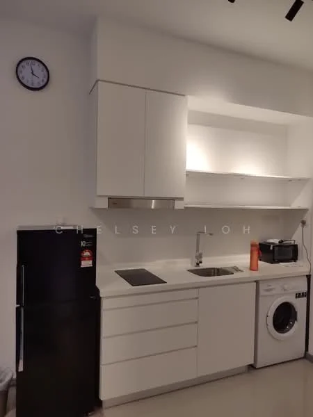 Kitchen features: white cabinetry with flat-panel doors, stainless-steel sink, chrome pull-down faucet, black fridge, built-in oven, microwave, white washing machine, white countertop, wall-mounted clock, open shelving above countertop, recessed downlights, grey tile flooring; style: modern.
