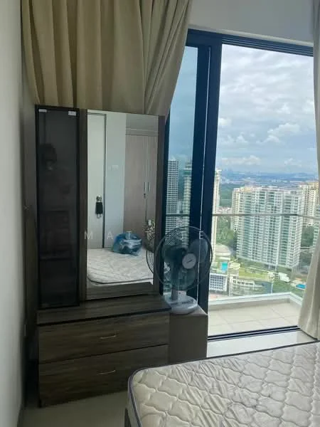 Bedroom features: queen-size bed, upholstered headboard, wooden bedside table, full-length mirror, built-in wardrobe, floor-to-ceiling windows, curtains, city view, fan; style: modern; view: city.