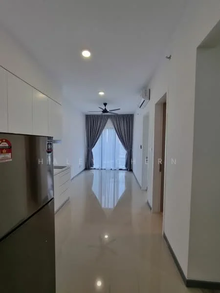 Kitchen features: white cabinetry, stainless-steel fridge, marble tile flooring, recessed downlights, 5-blade ceiling fan, grey curtains, floor-to-ceiling windows, open layout; style: modern; view: city.