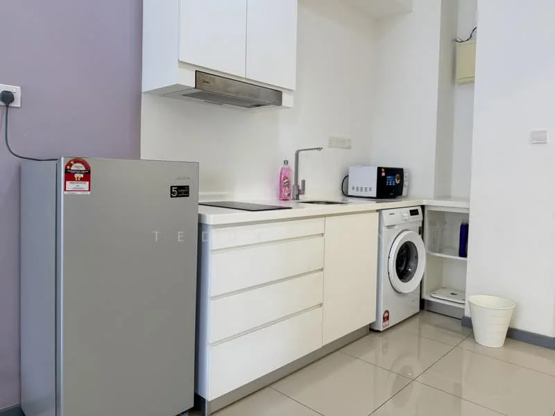 Kitchen features: white cabinetry, stainless-steel fridge, built-in oven, microwave, single-bowl stainless-steel sink, chrome pull-down faucet, washing machine, countertop with storage, ceramic tile flooring, wall-mounted range hood, open shelving; style: modern.