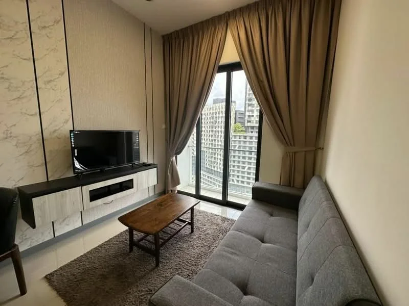 Living features: grey fabric sofa, wood coffee table, TV console with storage, wall-mounted TV, floor-to-ceiling windows, curtains in beige, area rug with plush texture, marble accent wall, light-colored walls, recessed lighting; style: modern; view: city.