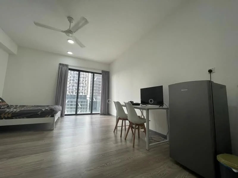 Room features: queen-size bed with patterned bedding, floor-to-ceiling windows, sliding glass door, grey curtains, wooden flooring, ceiling fan with light, white walls, desk with computer monitor, white dining chairs, stainless-steel fridge; style: modern; view: city.