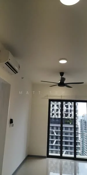 Room features: white painted walls, polished concrete flooring, ceiling fan, recessed LED downlights, floor-to-ceiling windows, city view, wall-mounted split AC; style: modern; view: city.