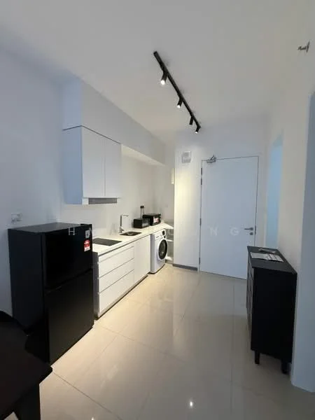 Kitchen features: white cabinetry with flat-panel doors, black refrigerator, built-in oven, microwave, front-load washing machine, single-bowl stainless-steel sink, chrome pull-down faucet, ceramic tile flooring, track lighting, white walls, door to hallway; style: modern.