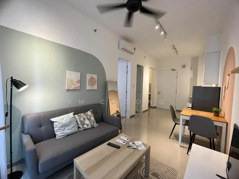 Living features: grey fabric 3-seater sofa, decorative cushions, floor lamp, wooden dining table, 4 upholstered dining chairs, wall-mounted TV, TV console, mirror, light grey painted walls, cream tiled flooring, ceiling fan, air conditioning unit, decorative wall art; style: modern.