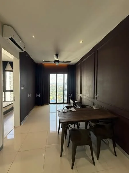 Dining features: dark wood dining table, 4 metal dining chairs, white walls with dark accent wall, sliding glass door, floor-to-ceiling windows, black curtains, recessed downlights, ceiling fan, polished tile flooring, air conditioning unit; style: modern; view: city.
